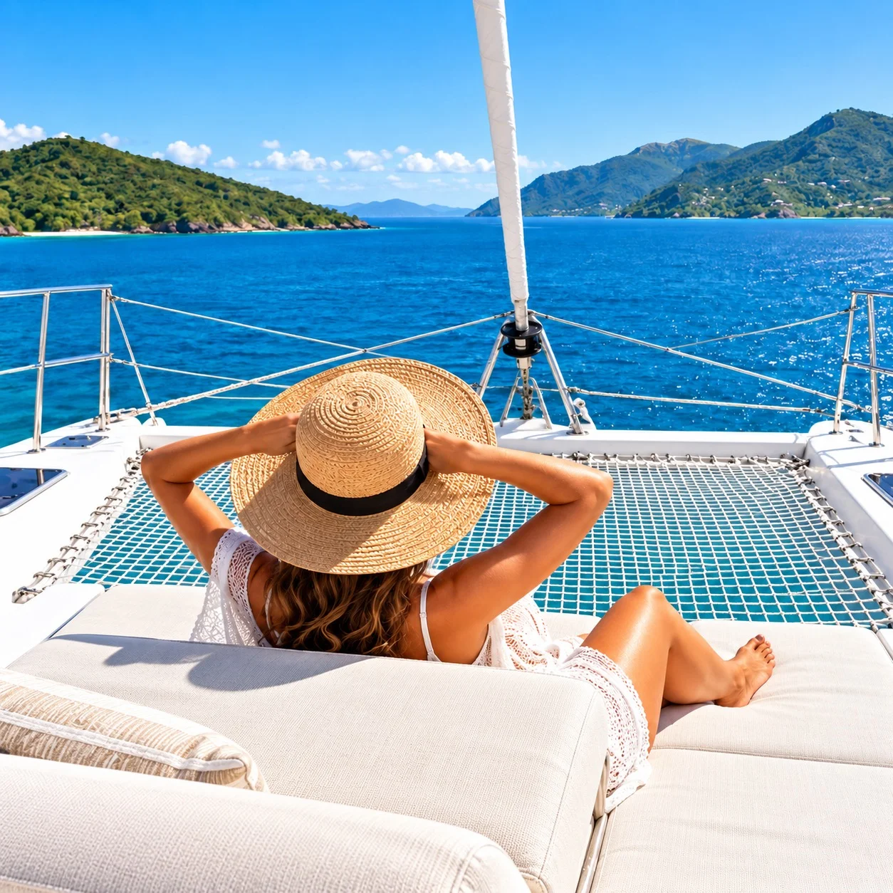 Woman in a sun hat lounging on a catamaran trampoline